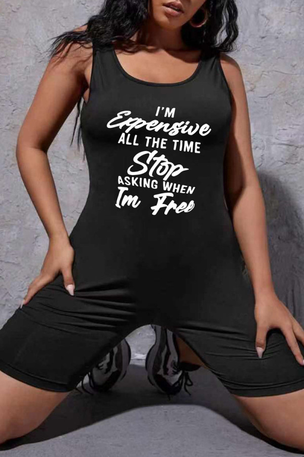 Black Fashion Casual Letter Print Vests U Neck Regular Romper