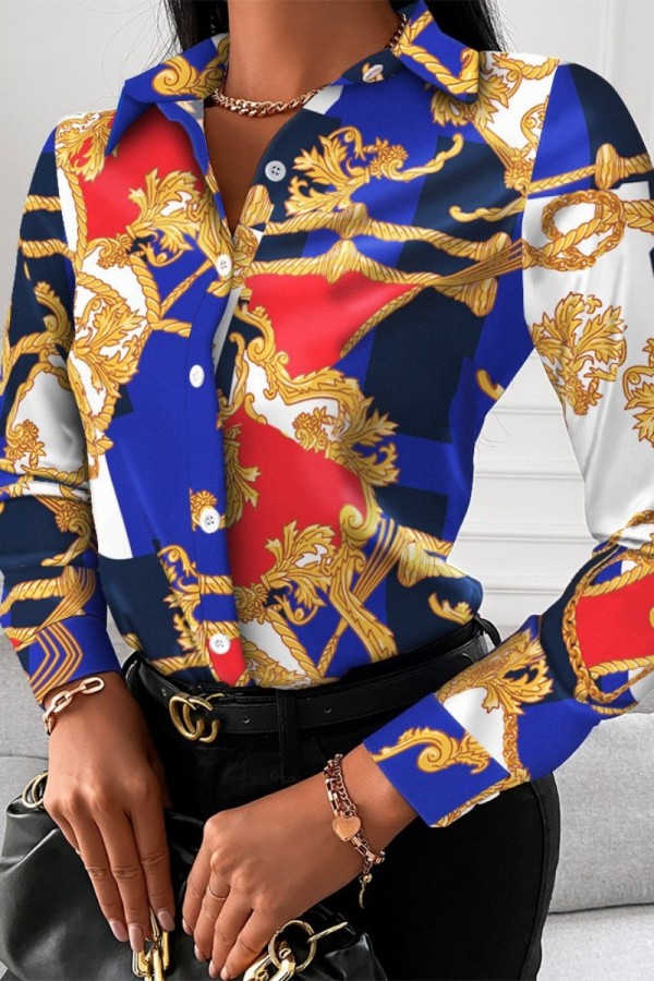 Blue Casual Print Patchwork Shirt Collar Tops