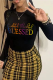 Black Casual Print Letter O Neck Tops