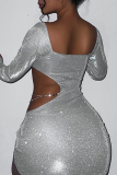 Silver Sexy Pierced Bright Silk Square Collar Pencil Skirt Dresses