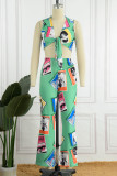 Green Sexy Casual Print Bandage V Neck Sleeveless Two Pieces
