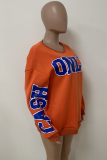 Tangerine Red Casual Print Letter O Neck Tops