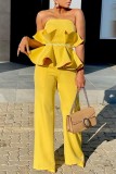 Yellow Casual Solid Patchwork Backless Strapless Regular Jumpsuits