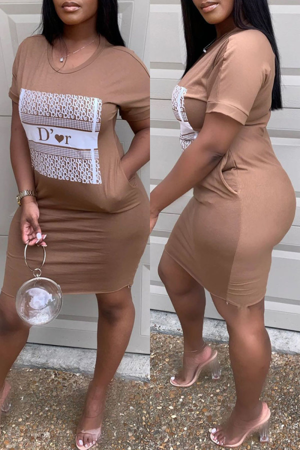 Brown Casual Print Basic O Neck Short Sleeve Dress