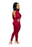 Maroon Sexy Fashion Backless Solid Long Sleeve O Neck Jumpsuits