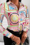White Red Casual Print Patchwork Shirt Collar Tops