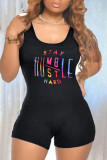 Black Casual Letter Print Patchwork U Neck Skinny Rompers