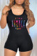 Black Casual Letter Print Patchwork U Neck Skinny Rompers