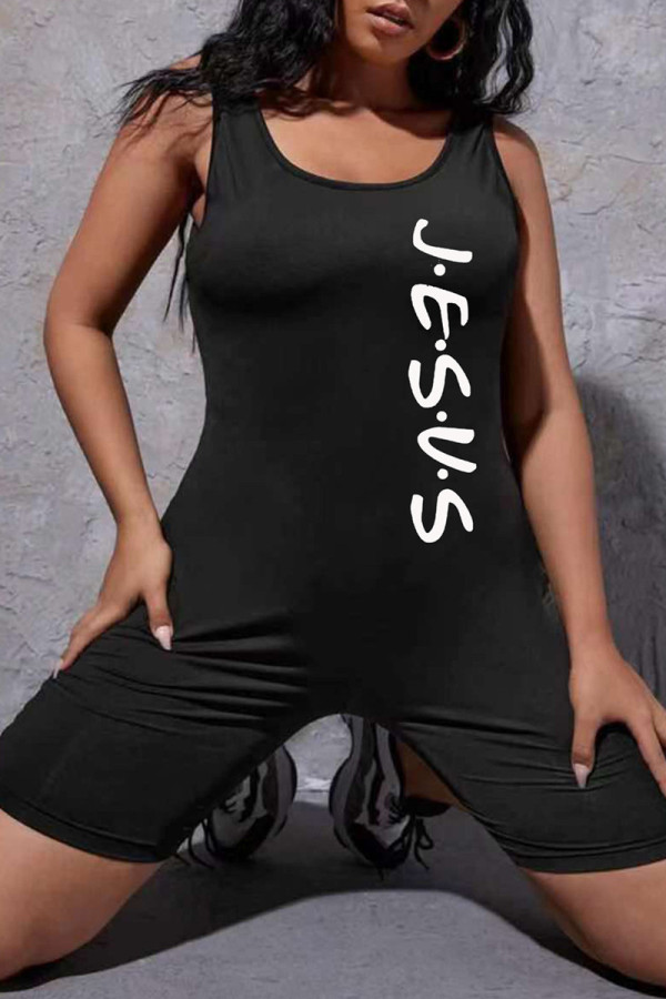 Black Fashion Casual Letter Print Vests O Neck Regular Romper