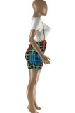 Green Work Daily Plaid Print O Neck Short Sleeve Two Pieces