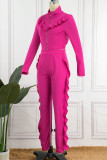 Rose Red Casual Solid Patchwork Zipper Collar Long Sleeve Two Pieces