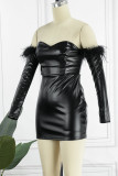 Black Sexy Solid Patchwork Backless Off the Shoulder Long Sleeve Dresses