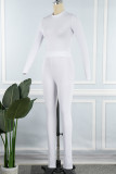 White Casual Solid Basic O Neck Long Sleeve Two Pieces