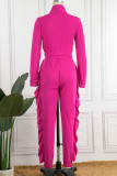 Rose Red Casual Solid Patchwork Zipper Collar Long Sleeve Two Pieces