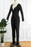 Black Casual Solid Patchwork V Neck Skinny Jumpsuits