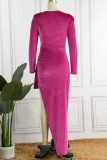 Rose Red Sexy Solid Patchwork V Neck Irregular Dress Dresses