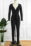 Black Casual Solid Patchwork V Neck Skinny Jumpsuits