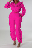 Rose Red Casual Solid Patchwork Zipper Collar Long Sleeve Two Pieces