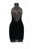 Black Sexy Patchwork Hot Drilling See-through Backless Halter Sleeveless Dress Dresses