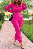 Rose Red Casual Solid Patchwork Zipper Collar Long Sleeve Two Pieces