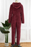 Watermelon Red Casual Living Solid Patchwork Hooded Collar Regular Jumpsuits