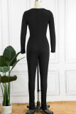 Black Casual Solid Patchwork V Neck Skinny Jumpsuits