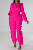 Rose Red Casual Solid Patchwork Zipper Collar Long Sleeve Two Pieces