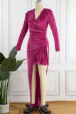 Rose Red Sexy Solid Patchwork V Neck Irregular Dress Dresses