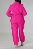 Rose Red Casual Solid Patchwork Zipper Collar Long Sleeve Two Pieces
