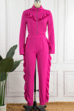 Rose Red Casual Solid Patchwork Zipper Collar Long Sleeve Two Pieces