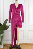 Rose Red Sexy Solid Patchwork V Neck Irregular Dress Dresses