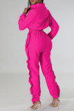 Rose Red Casual Solid Patchwork Zipper Collar Long Sleeve Two Pieces
