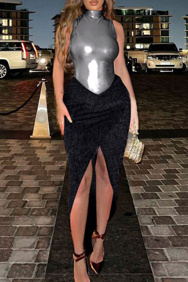 Black Sexy Solid Patchwork Asymmetrical Half A Turtleneck Sleeveless Two Pieces