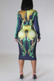 Colour Sexy Print Patchwork O Neck Pencil Skirt Dresses