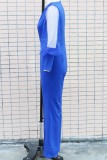 Blue Casual Solid Patchwork See-through V Neck Regular Jumpsuits