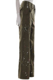 Army Green Casual Street Print Patchwork Straight High Waist Straight Full Print Bottoms
