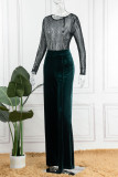 Blue Sexy Solid Patchwork See-through Hot Drill O Neck Straight Jumpsuits