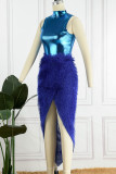 Blue Sexy Solid Patchwork Asymmetrical Half A Turtleneck Sleeveless Two Pieces