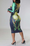 Colour Sexy Print Patchwork O Neck Pencil Skirt Dresses