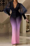 Colour Casual Gradual Change Print Patchwork See-through V Neck Regular Jumpsuits