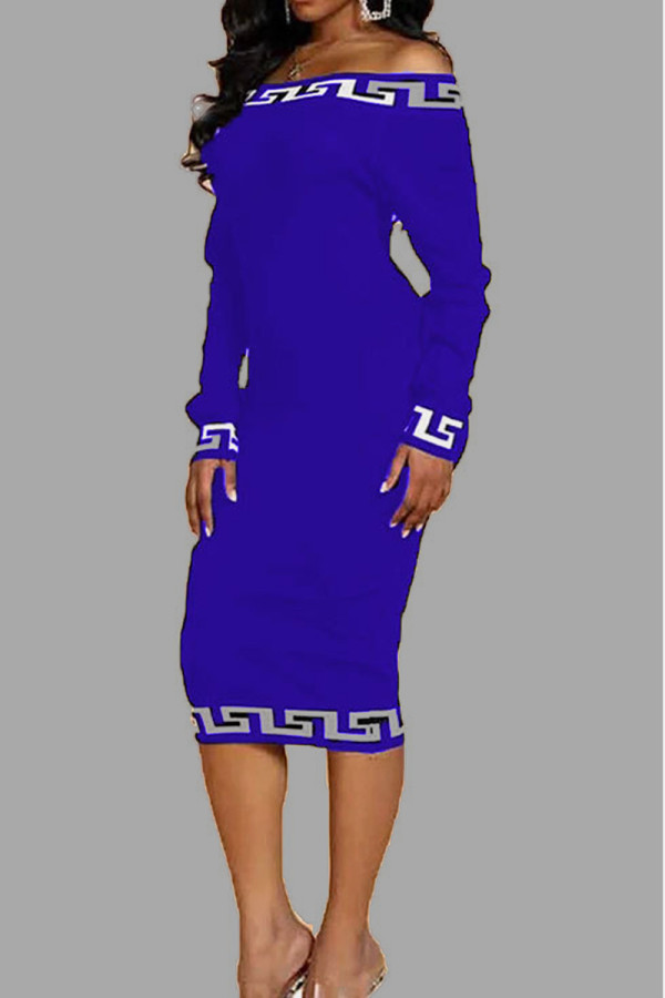 Deep Blue Casual Print Patchwork Backless Off the Shoulder Long Sleeve Dresses