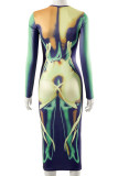 Colour Sexy Print Patchwork O Neck Pencil Skirt Dresses