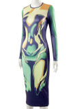 Colour Sexy Print Patchwork O Neck Pencil Skirt Dresses