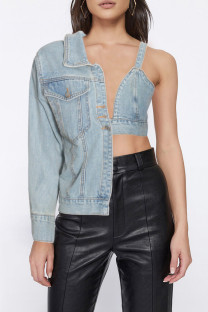 Baby Blue Sexy Solid Patchwork Asymmetrical Turndown Collar Long Sleeve Regular Denim Jacket