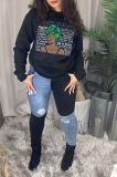Black Street Print Patchwork Letter O Neck Tops