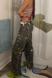 Army Green Casual Street Print Patchwork Straight High Waist Straight Full Print Bottoms