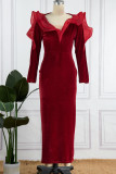 Red Sexy Elegant Solid Patchwork Flounce V Neck Evening Dress Dresses