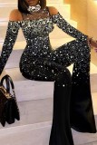 Black Casual Print Hollowed Out Patchwork See-through Turtleneck Regular Jumpsuits