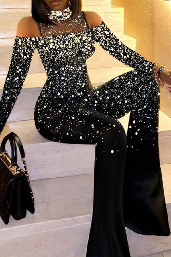 Black Casual Print Hollowed Out Patchwork See-through Turtleneck Regular Jumpsuits