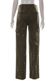 Army Green Casual Street Print Patchwork Straight High Waist Straight Full Print Bottoms